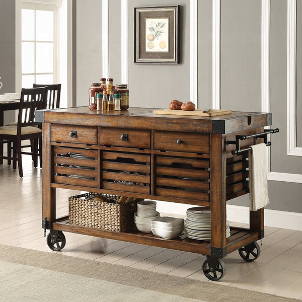 Kitchen island cart with storage drawers and shelves as a space-saving solution