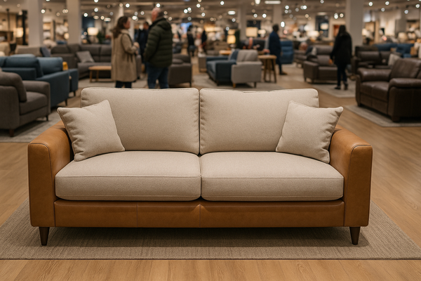 Fabric and leather sofa on display in a busy furniture store with shoppers browsing in the background.