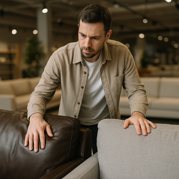 Customer choosing between leather and fabric sofa for family living room