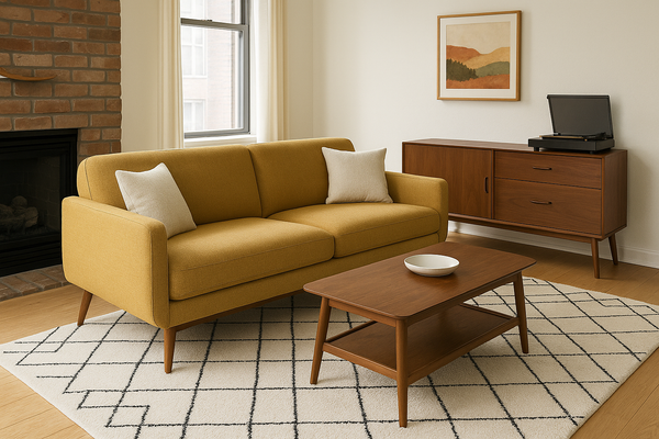 Mid-century modern apartment living room with mustard-yellow sofa, wooden coffee table, patterned rug, wooden sideboard, and brick fireplace.