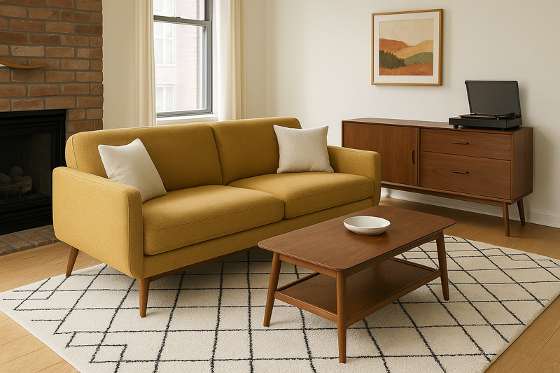 Mid-century modern apartment living room with mustard-yellow sofa, wooden coffee table, patterned rug, wooden sideboard, and brick fireplace.