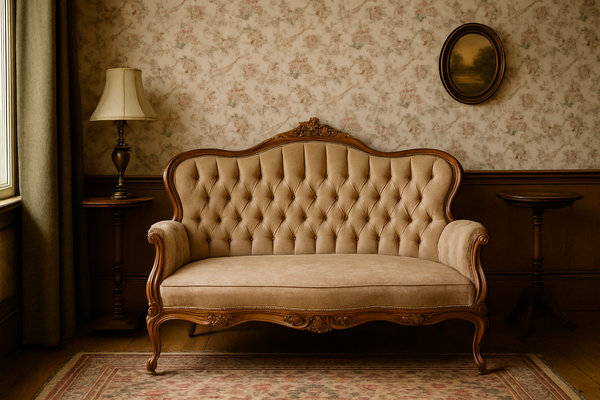 Vintage settee with tufted upholstery and carved wooden frame in a Victorian-style living room with antique décor and floral wallpaper.