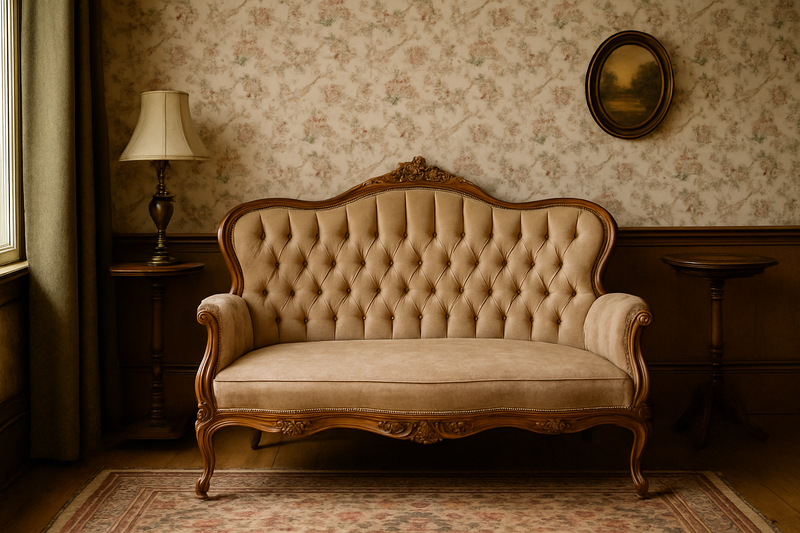 Vintage settee with tufted upholstery and carved wooden frame in a Victorian-style living room with antique décor and floral wallpaper.