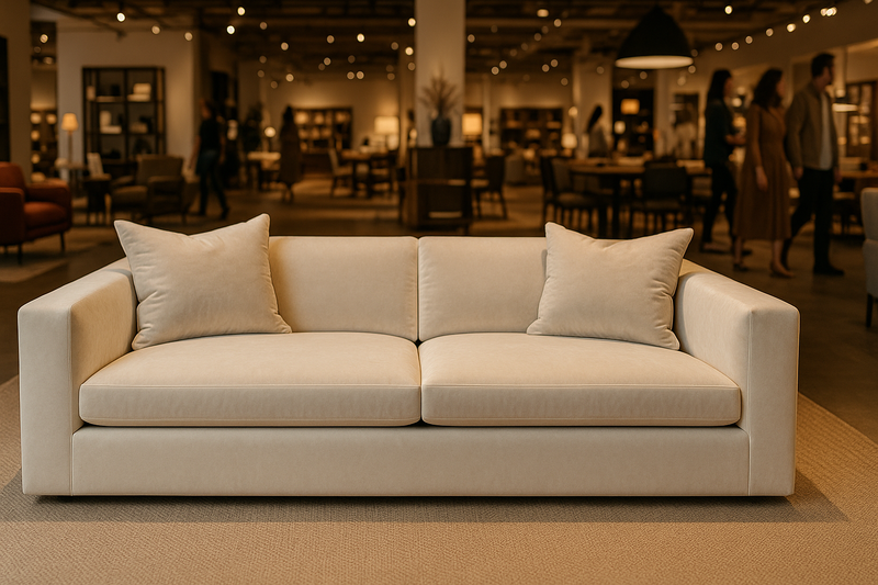 Luxurious low-profile cream velvet sofa with wide cushions and sleek arms, displayed in a busy furniture showroom with warm lighting and shoppers in the background.