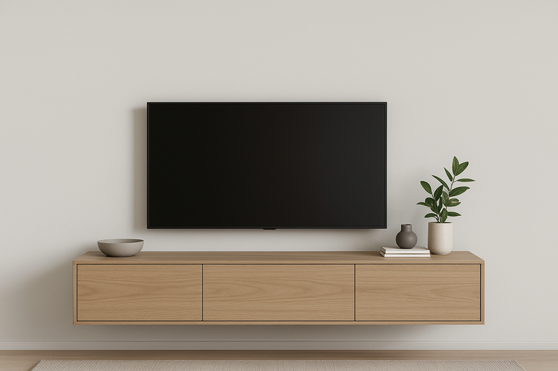 Minimalist living room with a wall-mounted TV above a floating wooden console decorated with a plant, vase, and bowl.