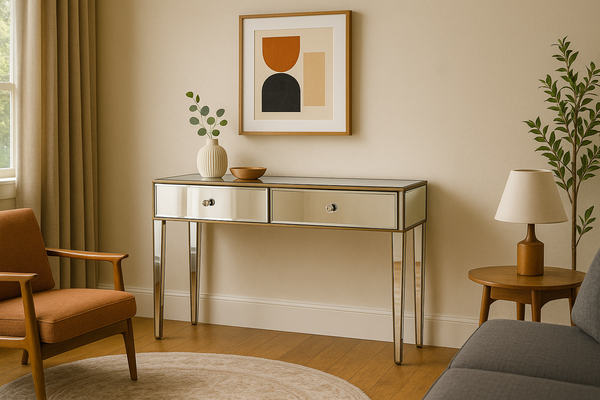 Mirrored console table in a mid-century modern living room with wooden accents, retro furniture, abstract wall art, and natural light.