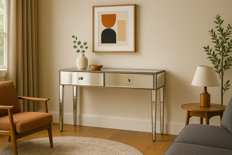 Mirrored console table in a mid-century modern living room with wooden accents, retro furniture, abstract wall art, and natural light.