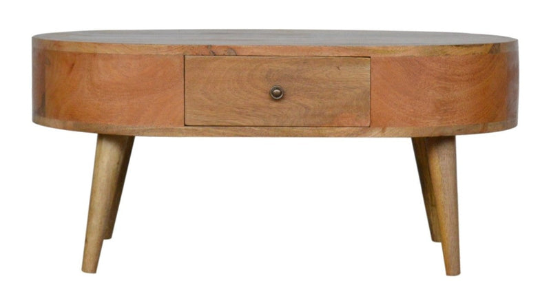 Oval wooden coffee table with storage drawer and tapered legs