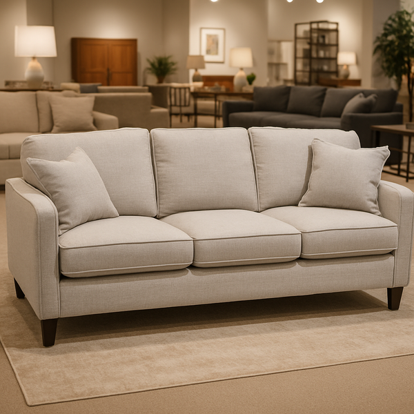 Light gray fabric sofa with three seat cushions and matching pillows, displayed on a beige rug in a modern furniture store showroom with warm lighting and contemporary décor in the background.