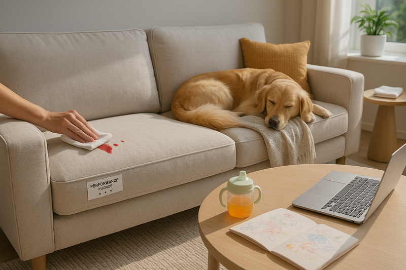 Performance fabric sofa in a bright family living room with red juice beading on the seat while a hand blots it clean, a dog sleeping on a throw, and a coffee table holding a sippy cup, laptop, and coloring book.