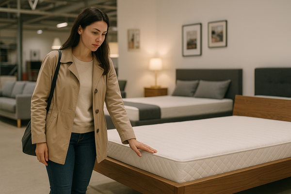 Woman examining a mattress on a wooden platform bed frame in a modern furniture store.