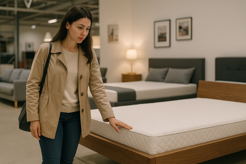 Woman examining a mattress on a wooden platform bed frame in a modern furniture store.