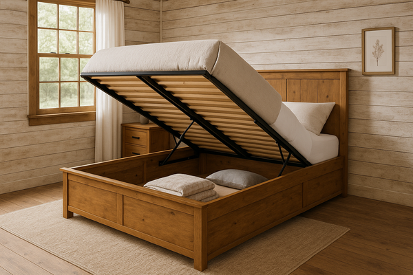 Rustic farmhouse bedroom with a wooden lift-up storage platform bed, mattress raised to reveal storage space beneath, set against wood-paneled walls with warm natural light from a window.