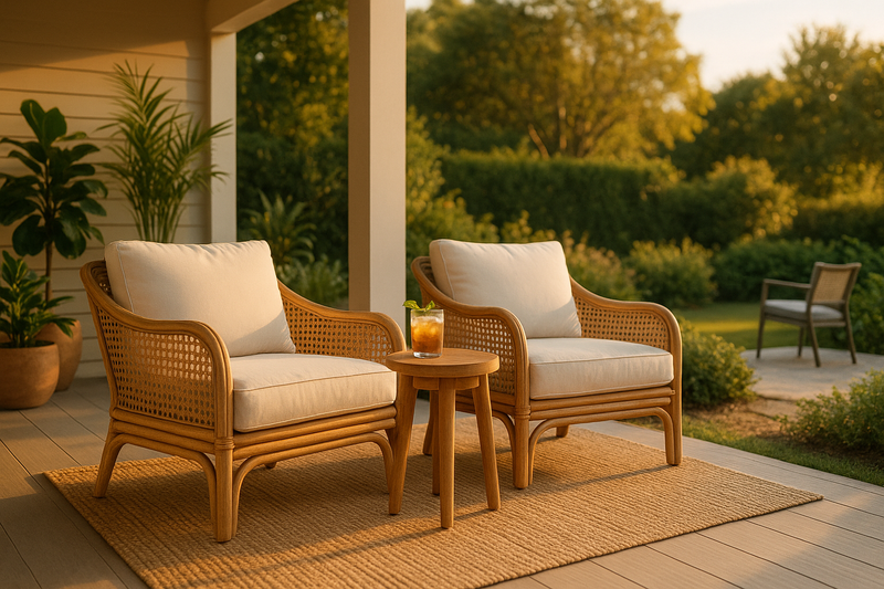 Pair of natural rattan armchairs with off white cushions on a covered porch at golden hour, styled with a jute rug, teak side table, and potted greenery overlooking a sunlit garden.