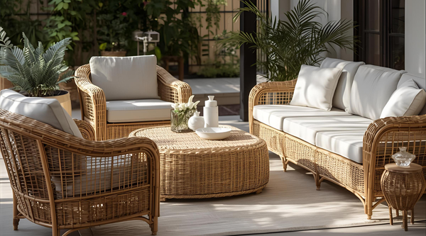 Rattan furniture sets at outdoor with round coffee table
