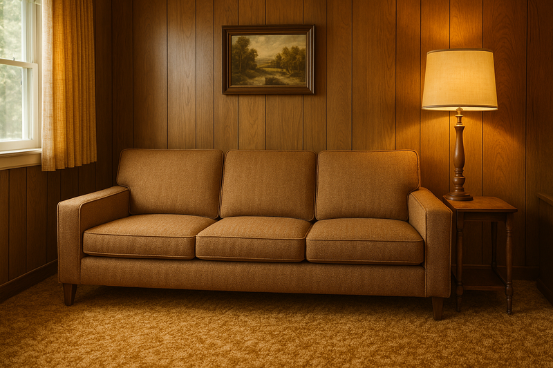 A retro 1970s living room featuring a vintage brown sofa with boxy cushions, set against classic wood-paneled walls, golden shag carpet, and warm lighting from a matching floor lamp, evoking the style of a home built in the 70s.