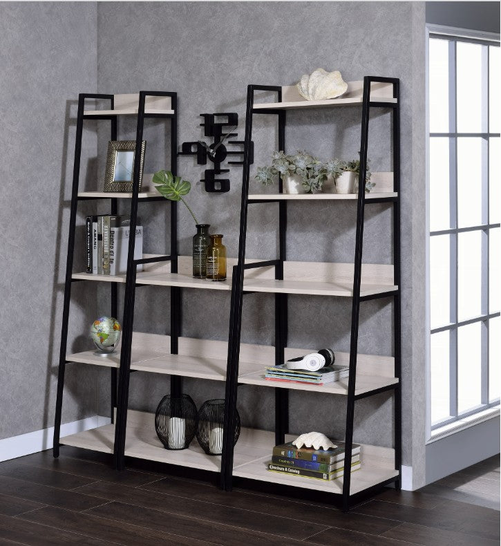 Modern leaning ladder-style bookshelf with black metal frame and light wood shelves, decorated with books, plants, decorative objects, and placed against a gray textured wall beside a large window.