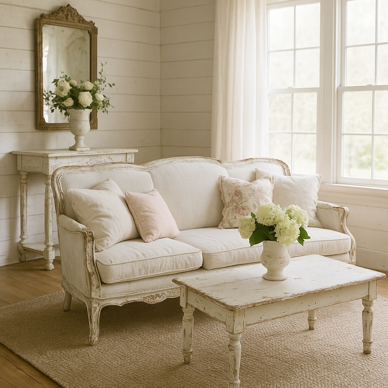 Shabby chic furniture with distressed wood sofa and table showcasing vintage charm