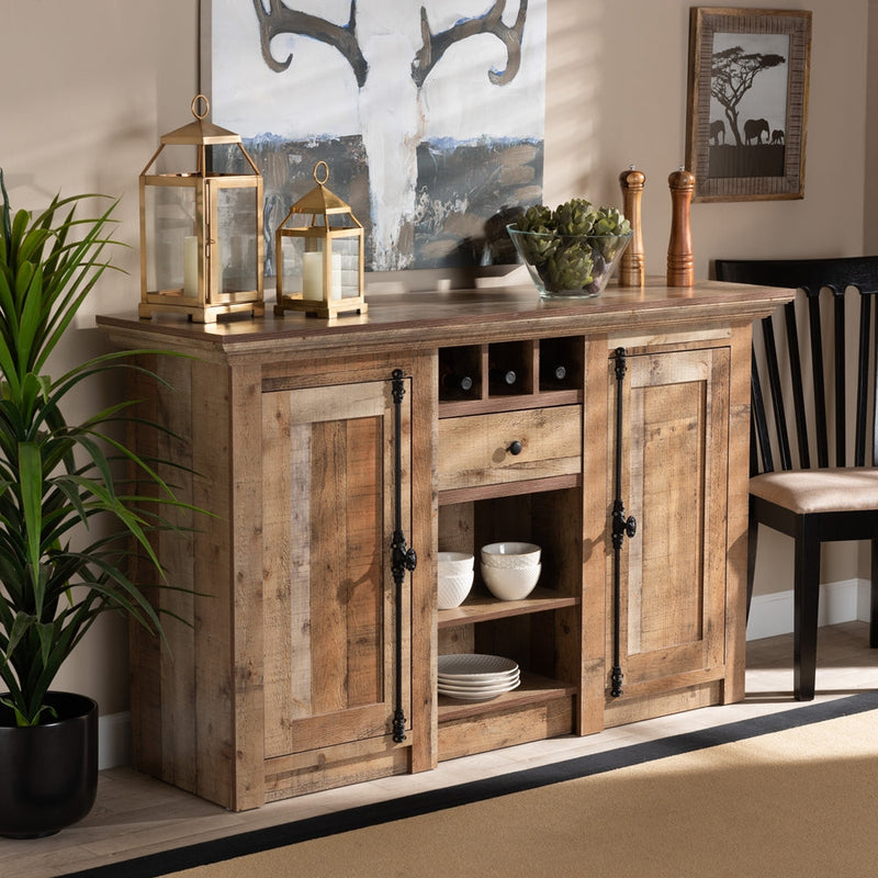 Rustic wooden sideboard cabinet with shelves and storage in dining room