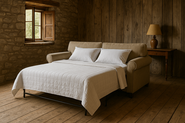 Sleeper sofa extended into a bed in an old farmhouse room with stone walls, wooden floors, and rustic furniture.