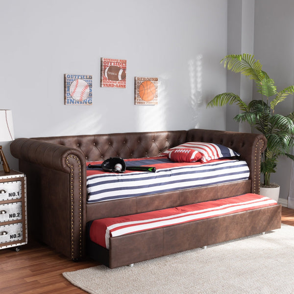 Brown upholstered daybed with pull-out trundle in modern bedroom