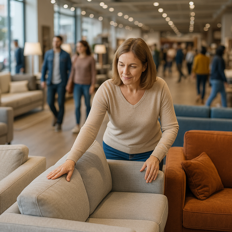 Customer checking sofa size in furniture store for living room fit