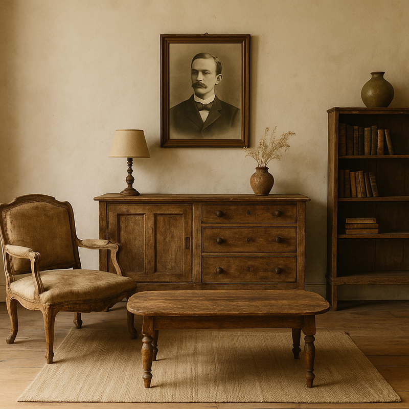 Vintage wooden furniture set with armchair, sideboard, and coffee table in classic interior