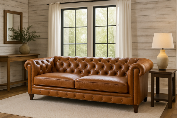 A top grain leather couch in a bright farmhouse living room, with natural daylight streaming through large windows onto rustic wood beams and cozy décor.
