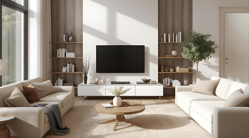 Beautiful design of a loving room with sofas, coffee table, tv stand as a single statement piece