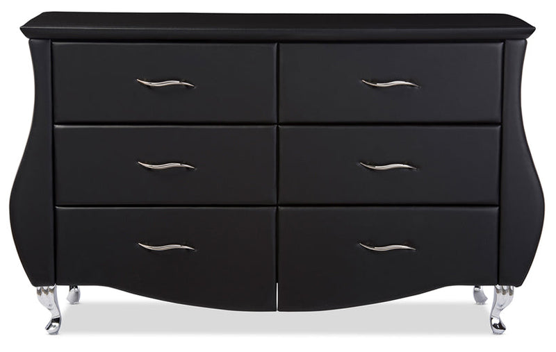 Modern black dresser with six drawers and sleek silver handles on curved legs