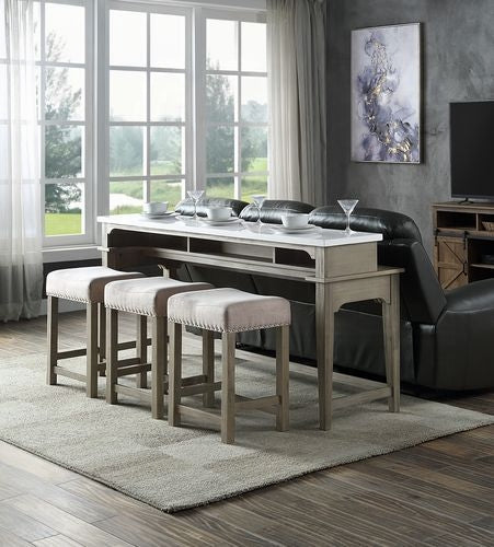 Counter-Height Dining Table Sets with threee stools in a living room overseeing large window.