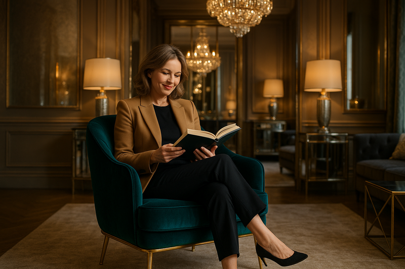 Woman reading on velvet Art Deco armchair with glamorous curved design in luxury room