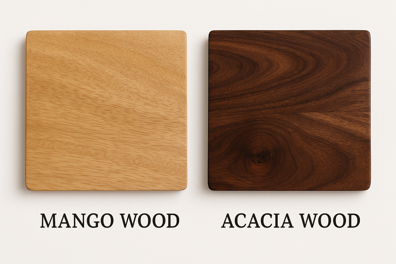 Mango wood sample compared with acacia wood showing color and grain differences