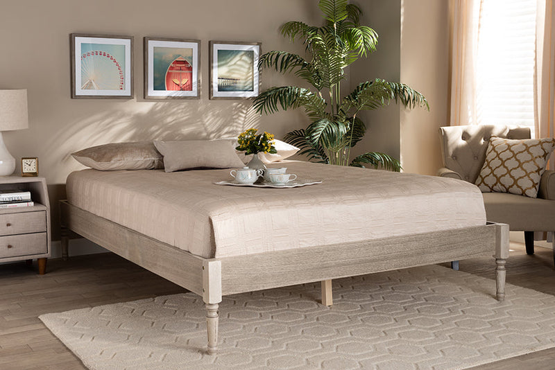Bonilla French Bohemian Antique White Oak King Size Platform Bed Baxton