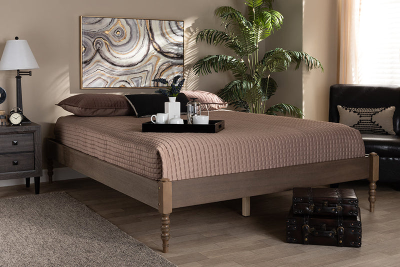 Sabine French Bohemian Weathered Gray Oak King Size Platform Bed Baxton