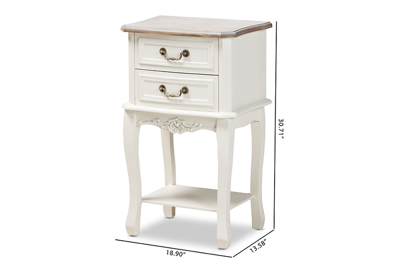 Carwyn Antique French Country Cottage Two-Tone White and Oak Finished 2-Drawer Wood End Table