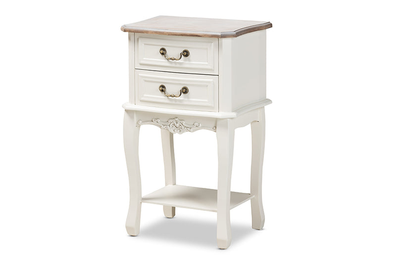 Carwyn Antique French Country Cottage Two-Tone White and Oak Finished 2-Drawer Wood End Table