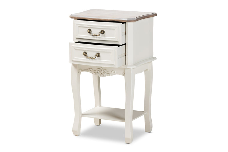 Carwyn Antique French Country Cottage Two-Tone White and Oak Finished 2-Drawer Wood End Table