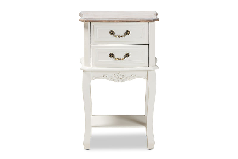 Carwyn Antique French Country Cottage Two-Tone White and Oak Finished 2-Drawer Wood End Table