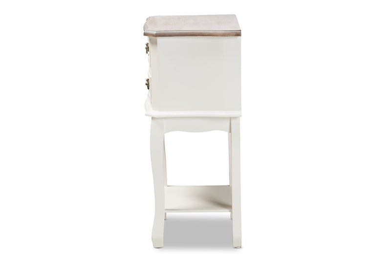 Carwyn Antique French Country Cottage Two-Tone White and Oak Finished 2-Drawer Wood End Table