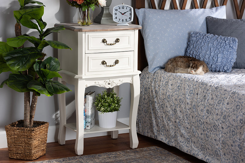 Carwyn Antique French Country Cottage Two-Tone White and Oak Finished 2-Drawer Wood End Table