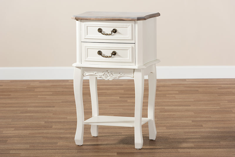 Carwyn Antique French Country Cottage Two-Tone White and Oak Finished 2-Drawer Wood End Table