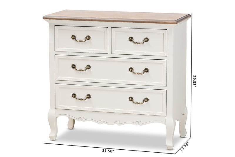 Carwyn Antique French Country Cottage Two-Tone White and Oak Finished 4-Drawer Accent Storage Cabinet