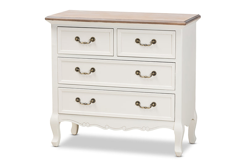 Carwyn Antique French Country Cottage Two-Tone White and Oak Finished 4-Drawer Accent Storage Cabinet