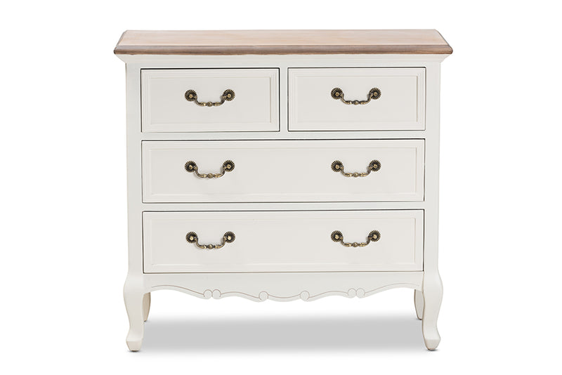 Carwyn Antique French Country Cottage Two-Tone White and Oak Finished 4-Drawer Accent Storage Cabinet