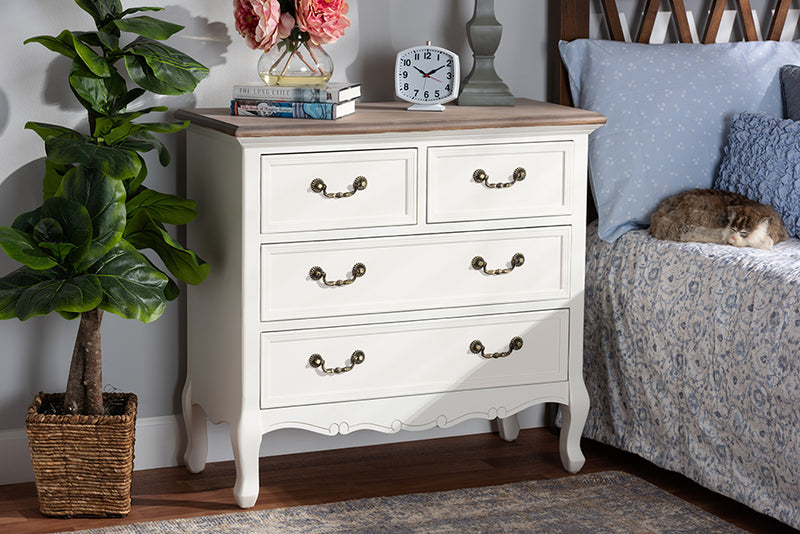 Carwyn Antique French Country Cottage Two-Tone White and Oak Finished 4-Drawer Accent Storage Cabinet