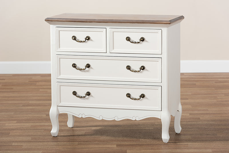 Carwyn Antique French Country Cottage Two-Tone White and Oak Finished 4-Drawer Accent Storage Cabinet