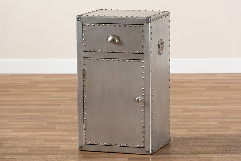 Nadra French Industrial Silver Metal 1-Door Accent Storage Cabinet Baxton