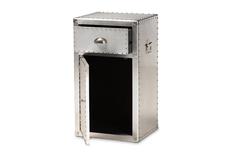 Nadra French Industrial Silver Metal 1-Door Accent Storage Cabinet Baxton