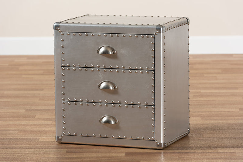 Kimberly French Industrial Silver Metal 3-Drawer End Table Baxton